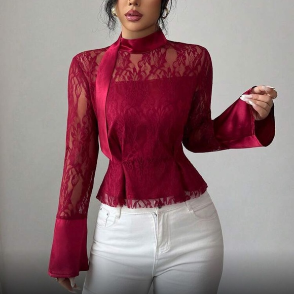 Tops - Luxe Burgundy Lave Bell Sleeve Tie Neck Blouse